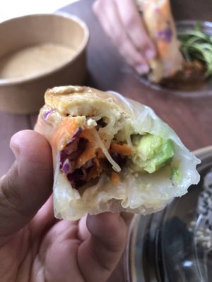Fresh rice paper roll with satay tofu, avocado, carrot, purple cabbage and rice noodles.  at fi•ka in Plettenberg Bay