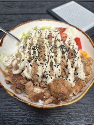 Tofu bowl with rice noodles  at Secret Place in Tbilisi