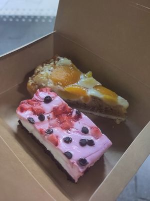 Apricot cake and strawberry cake at So! Coffee in Bucharest