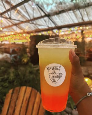 Mango passion fruit lemonade with strawberry popping boba at Afterlife Tea and Boba Room in Las Vegas