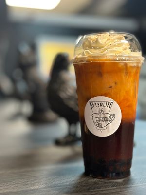 Pumpkin Thai tea with boba & whip cream at Afterlife Tea and Boba Room in Las Vegas