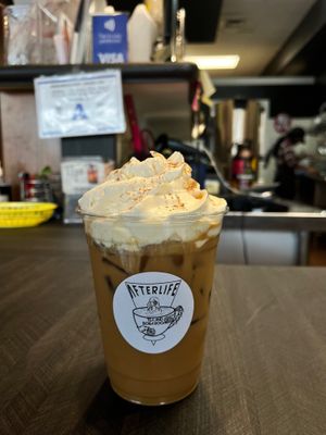 Pumpkin spice latter with whip cream at Afterlife Tea and Boba Room in Las Vegas