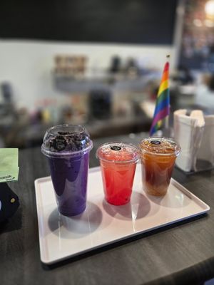 #1 Ube without syrup & brown sugar (added oreo) #2 Strawberry Quartz (added popping boba) #3 Amber with black tea (added Lychee) at Afterlife Tea and Boba Room in Las Vegas