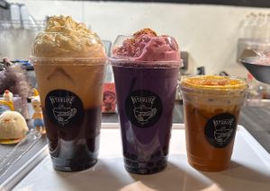Pumpkin Thai tea, purple sweet potato pie and Thai tea with brûlée top  at Afterlife Tea and Boba Room in Las Vegas