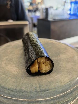 Takenoko handroll - This was interesting. A handroll of simmered bamboo shoots with home-made chilli oil. at RAPPU Handroll Bar in Central Singapore