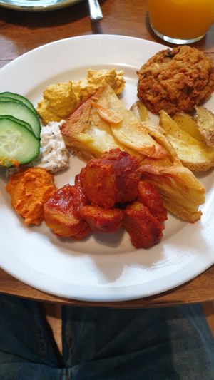 4 different savory spread, Currywurst, Tortilla, Bulette at Bistro Bardot in Berlin