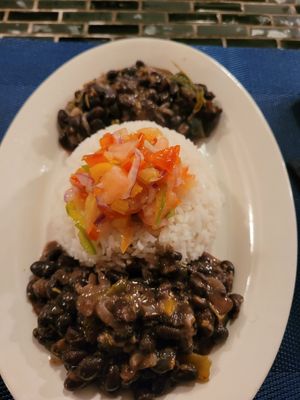 Black beans and white rice with vegetables at The Blue Conch in Great Exuma