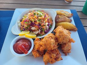 Veggie fritters, salad, and plantains at The Blue Conch in Great Exuma