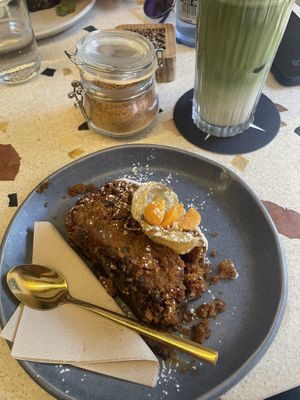 Carrot cake and Iced Matcha Latte with oat milk 🍵   at Mistral Coffee House in Mallorca