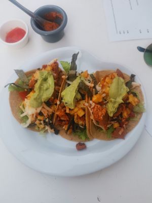 Lose leaf tacos. With veg chorizo, veg cheese and potatoes at La Muñeca in Nazare