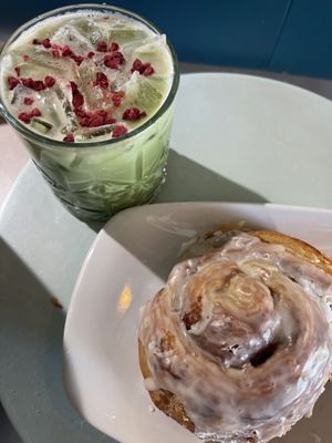 Iced oat milk matcha fairy duster and croissant cinnamon roll ❤️  at Presta Coffee Roasters in Tucson