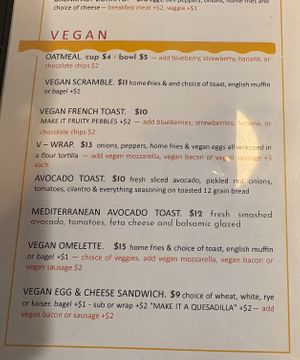 Vegan breakfast options at The Local's Spot in Egg Harbor
