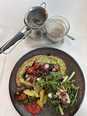 Balance dish made vegan and a soy milk chai    at Cafe Nerd in Gyeongju