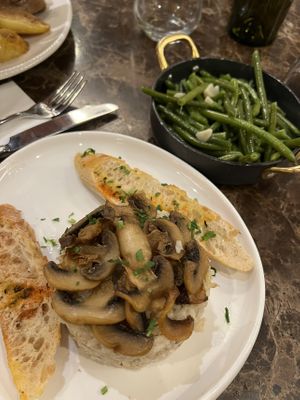 Mushroom stew with sautéed green beans on the side   at Hanul Lui Manuc in Bucharest