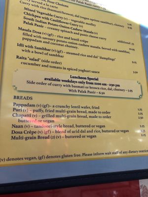 Menu  at Annam Brahma in Jamaica