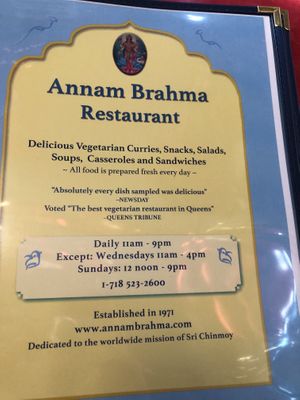 Menu  at Annam Brahma in Jamaica