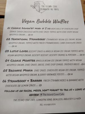 Bubble waffle menu at The Island Cove Cafe in Benllech