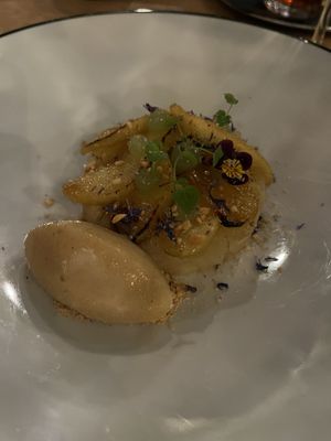 spicy caramelized apple dessert with pear-apple sorbet ice cream  at De Brass Goes in Goes