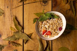 Vegan granola: peanut granola + chocolate granola (cocoa and cocoa butter), vegetable milk, berry mix at TUF Club in Yerevan