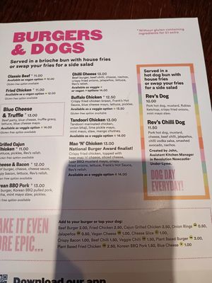 Burger options at Revolution in Manchester