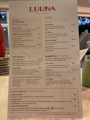 Menu in July 2025  at Luuna - Soul Cantina in Noosaville