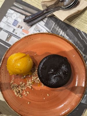 Vegan chocolate cup with the mango sorbet   at UDON - Viapol in Sevilla