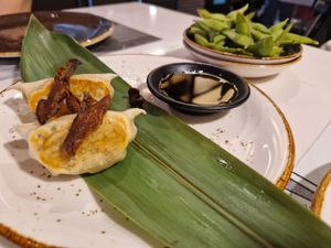 Gyoza mit Gemüse und Edamame als Vorspeise at UDON - Viapol in Sevilla