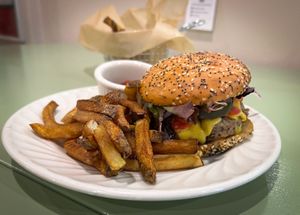 Bean burger and hand cut fries.  at Solar Harvests in East Greenville