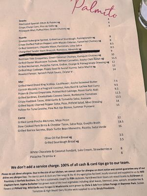 Constantly changing menu sample  at Palmito in Hove