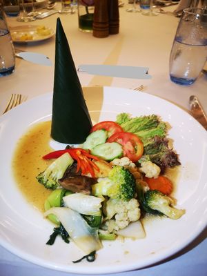 Tofu and Vegetable Stir Fry with a cone of rice at Vegan Travel - Vegan Cruises & Tours in Muenster