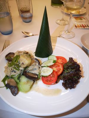 Mushrooms and Greens with cone of red rice at Vegan Travel - Vegan Cruises & Tours in Muenster