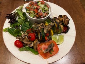 Vegetable Kebab with salad - served with hummus (not shown).  at Seven Valleys Persian Cuisine in Hoboken