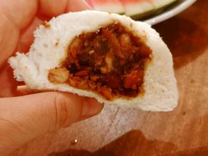 Faux pork bun, got this frozen in Cruelty Free Shop and steamed it, brought to a party. Some omnivores didn't realize it was vegan. at Vegan Grocery Store in Sydney