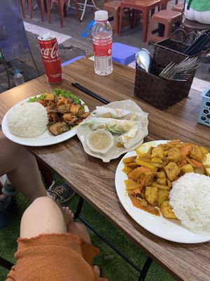 vegetable in tomato, summer / rice paper rolls, pumpkin and veg in curry sauce (lovely employee added pineapple for free as I can by previously and told him I would be back ;))  at Little Hanoi in Hanoi