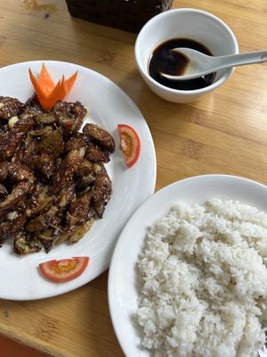 Aubergine with garlic and rice (great portion)  at Little Hanoi in Hanoi