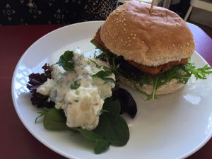 vegan chicken burger at Rubyfruit Bakery and Cafe in Leura