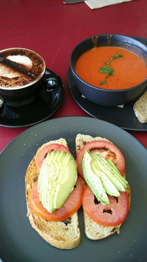 Creamy Tomato soup,  Amanda's sandwich and chilli hot chocolate  at Rubyfruit Bakery and Cafe in Leura