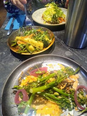 Korean broccoli, sweet potato salad, seasonal veg at Millbrook Lodge Hotel in Ballynahinch
