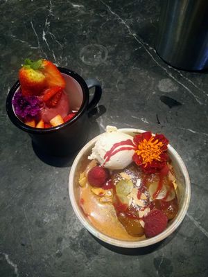 Poached pear, icecream, sorbets, flowers at Millbrook Lodge Hotel in Ballynahinch