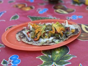 Huarache with flor de calabaza, nopal, hongos, frijoles  at Antojitos Oaxaqueños Dona Martha in Oaxaca