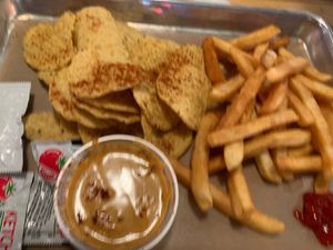 Chips and queso with fries    at Vegan Vibrationz in Plano