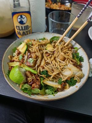 "Not really pork belly" with noodles at Peace Kitchen - Kallio in Helsinki
