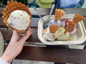 Mylk and cookies in the freshly made waffle cone.
In the flight from top-left clockwise: homeplanet (matcha cake), peanut butter & berries, pistachio almond, guava cake at Via Lactea Scoop Shop in San Juan