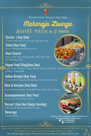 Buffet menu for group booking. Please contact +84 93 776 0093 at Maharaja Lounge in Phu Quoc