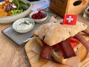 Buddha bowl and club sandwich at Velo Cafe & Bar in Interlaken
