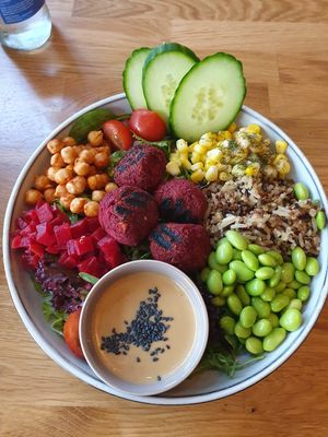Warm Buddha Bowl with Beetroot Falafel at Velo Cafe & Bar in Interlaken
