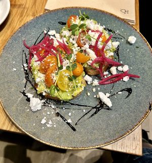 Avocado toast with vegan feta  at Velo Cafe & Bar in Interlaken