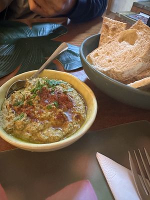 Smokey Eggplant dip. Very tasty  at Gira Sol in Tomar