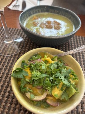 Mango avocado ceviche and pea soup   at Gira Sol in Tomar