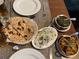 Chickpea spinach and aloo gobi curry. Mushroom rice and roti  at Curry Indian House  in Tomar